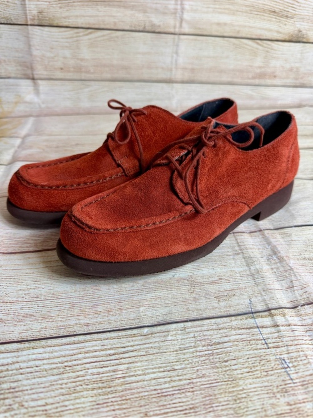 Lands' End rust-red suede moc-toe oxford shoes.  Size 9